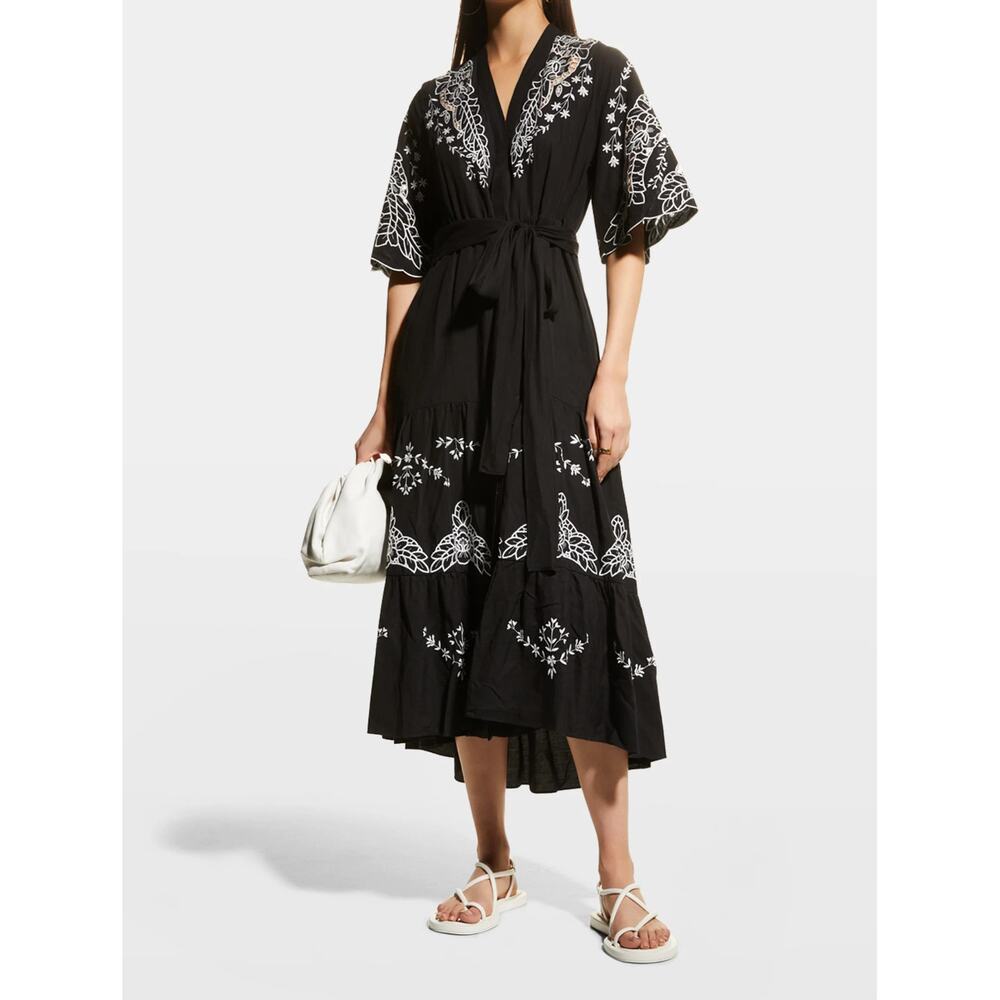 KOBI HALPERIN Gabbi Eyelet Tiered Midi Dress Black Small
